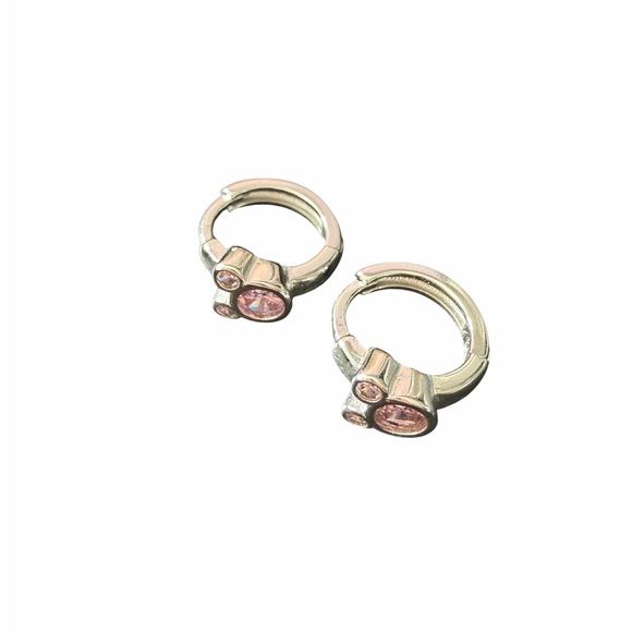 Disney S925 Silver Pink Crystal Mickey Mouse Huggie Hoop Earrings - Picture 2 of 5